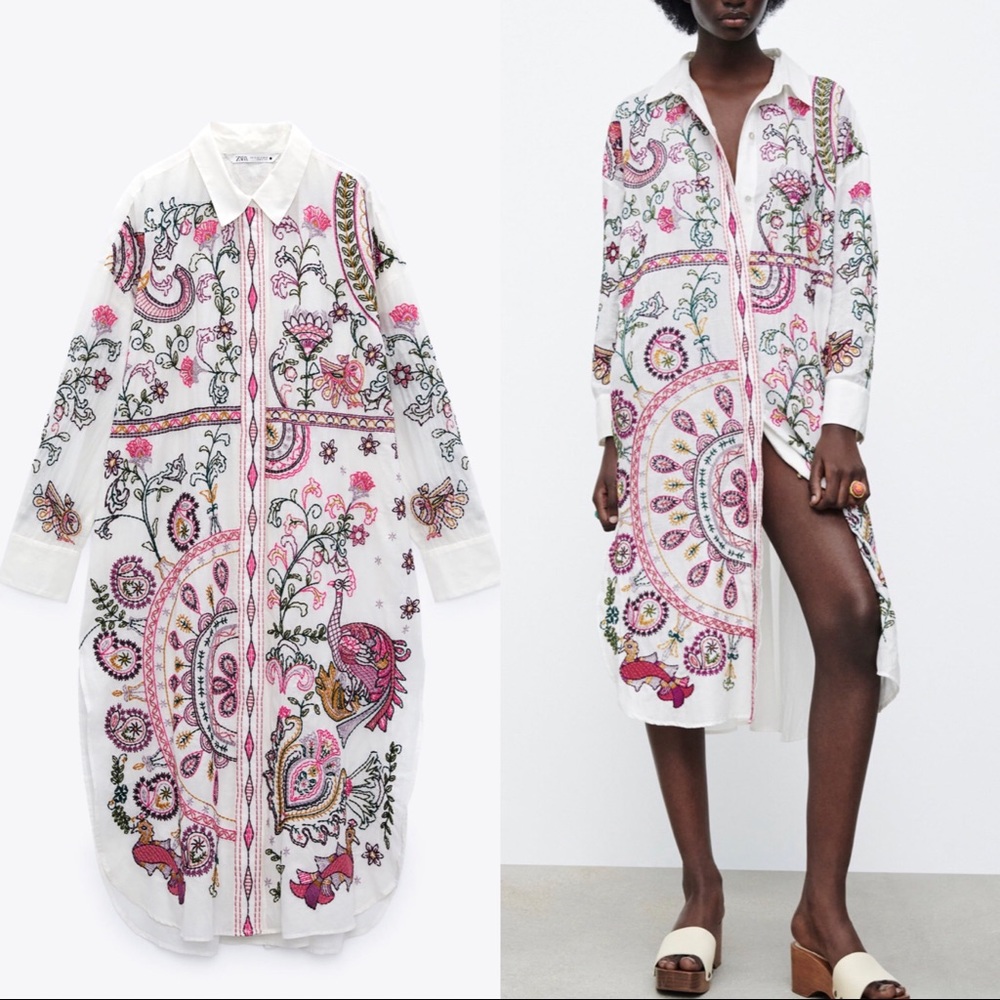 Zara White Shirt Dress with Pink and Green Paisley Embroidery